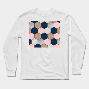 Navy and peach geometric hexagons Long Sleeve T-Shirt